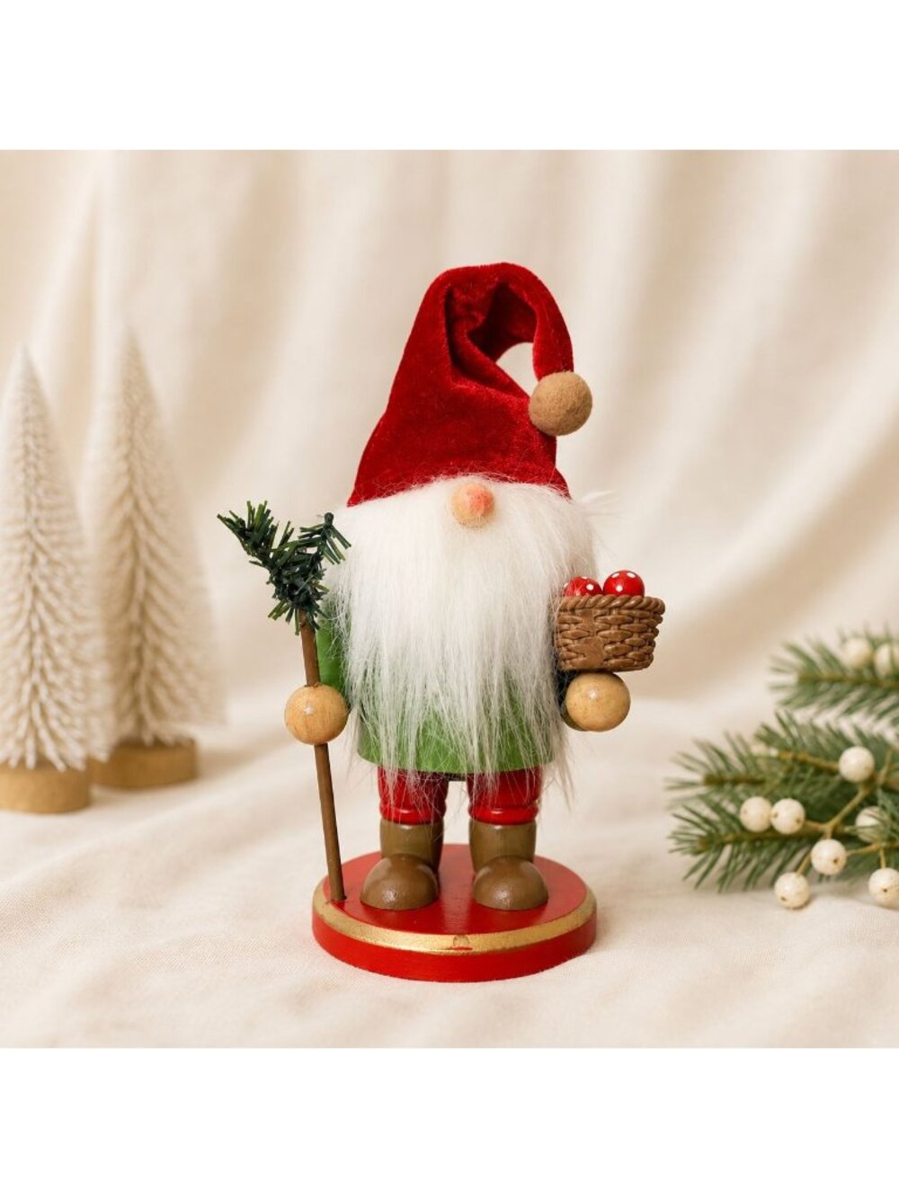 Forager Gnome Nutcracker Red Mushroom Wooden Christmas Holiday Figurine 7 Inch